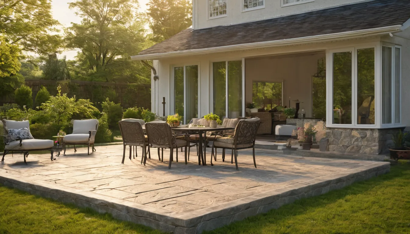 A stamped concrete patio behind a frame house in Lakeville